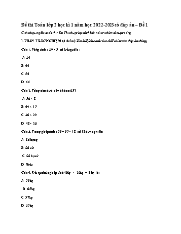 3 Đề thi Toán Lớp 2 học kì 1 năm học 2022-2023 (Có đáp án)