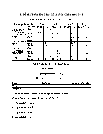 7 đề thi Toán Lớp 2 học kỳ 2 sách Chân trời kèm bảng ma trận và đáp án