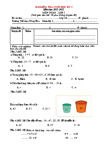 Bài kiểm tra cuối học kỳ I môn Toán Lớp 2 - Năm học 2021-2022 - Trường Tiểu học Đồng Hòa - Đề số 4 (Có đáp án)
