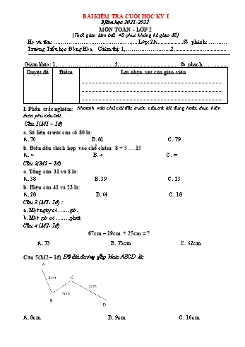 Bài kiểm tra cuối học kỳ I môn Toán Lớp 2 - Năm học 2021-2022 - Trường Tiểu học Đồng Hòa - Đề số 3 (Có đáp án)
