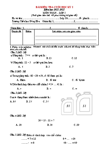 Bài kiểm tra cuối học kỳ I môn Toán Lớp 2 - Năm học 2021-2022 - Trường Tiểu học Đồng Hòa - Đề số 6 (Có đáp án)