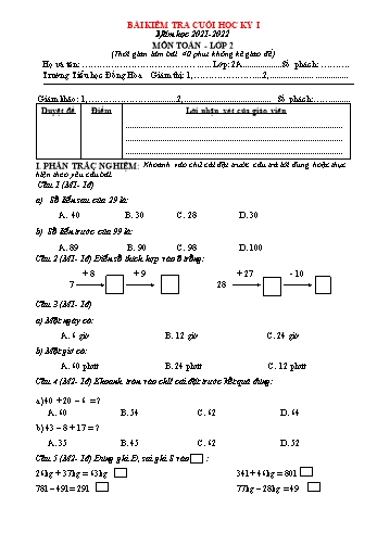 Bài kiểm tra cuối học kỳ I môn Toán Lớp 2 - Năm học 2021-2022 - Trường Tiểu học Đồng Hòa - Đề số 5 (Có đáp án)