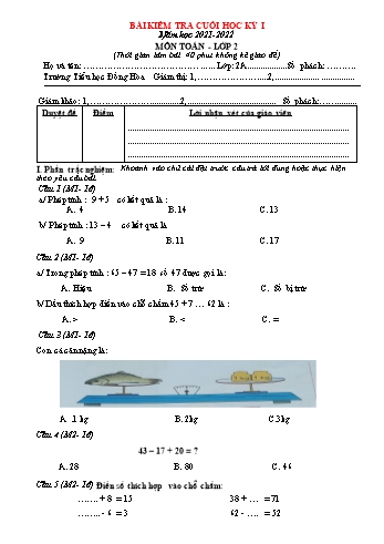 Bài kiểm tra cuối học kỳ I môn Toán Lớp 2 - Năm học 2021-2022 - Trường Tiểu học Đồng Hòa - Đề số 2 (Có đáp án)