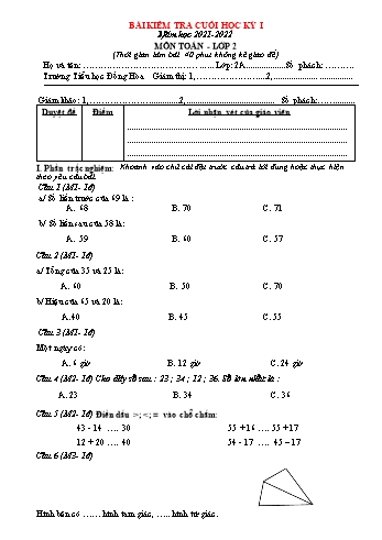Bài kiểm tra cuối học kỳ I môn Toán Lớp 2 - Năm học 2021-2022 - Trường Tiểu học Đồng Hòa - Đề số 1 (Có đáp án)
