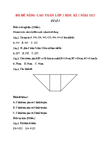 Bộ 4 đề nâng cao Toán Lớp 2 - Học kì 2 năm 2022 (Có đáp án)