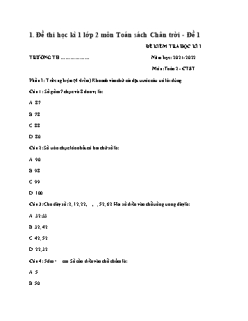 Bộ đề thi học kì 1 lớp 2 môn Toán năm 2021-2022 sách Chân trời sáng tạo