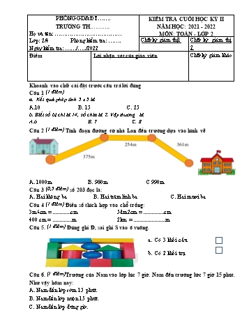 Đề kiểm tra cuối học kỳ II môn Toán Lớp 2 - Năm học 2021-2022 - Sách Kết nối tri thức (Có đáp án)