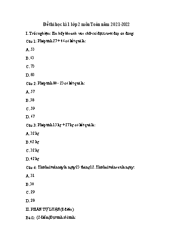 Đề thi học kì 1 Lớp 2 môn Toán - Năm học 2021-2022 (Có đáp án)