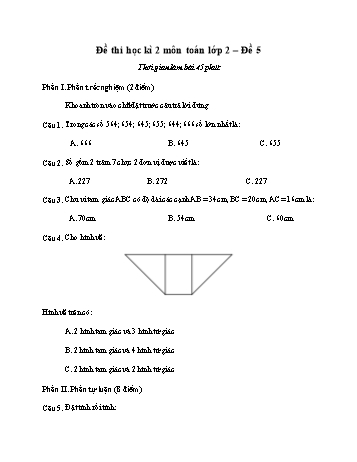 Đề thi học kì 2 môn Toán Lớp 2 - Đề 5 (Có đáp án)