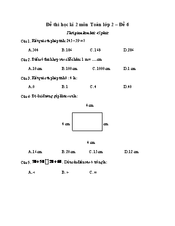 Đề thi học kì 2 môn Toán Lớp 2 - Đề 6 (Có đáp án)