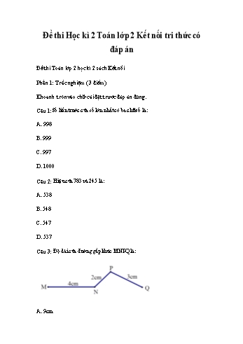 Đề thi học kì 2 Toán Lớp 2 - Sách Kết nối tri thức (Có đáp án)