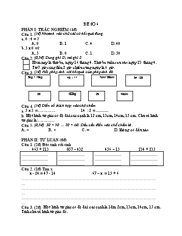 Đề thi kiểm tra học kì 2 môn Toán Lớp 2 Sách Cánh diều - Đề số 6 (Có đáp án)