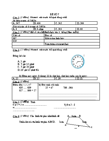 Đề thi kiểm tra học kì 2 môn Toán Lớp 2 Sách Cánh diều - Đề số 7 (Có đáp án)