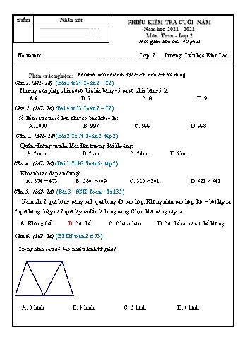 Phiếu kiểm tra cuối năm môn Toán Lớp 2 lần 1 - Năm học 2021-2022 - Trường Tiểu học Kiên Lao (Có đáp án)