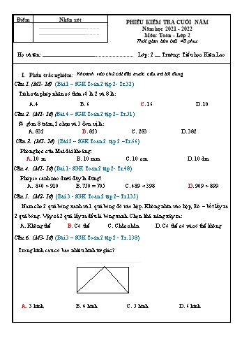 Phiếu kiểm tra cuối năm môn Toán Lớp 2 lần 2 - Năm học 2021-2022 - Trường Tiểu học Kiên Lao (Có đáp án)