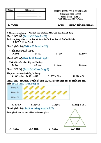 Phiếu kiểm tra cuối năm môn Toán Lớp 2 lần 3 - Năm học 2021-2022 - Trường Tiểu học Kiên Lao (Có đáp án)