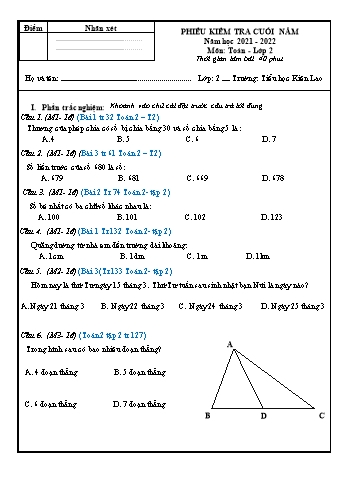 Phiếu kiểm tra cuối năm môn Toán Lớp 2 lần 4 - Năm học 2021-2022 - Trường Tiểu học Kiên Lao (Có đáp án)