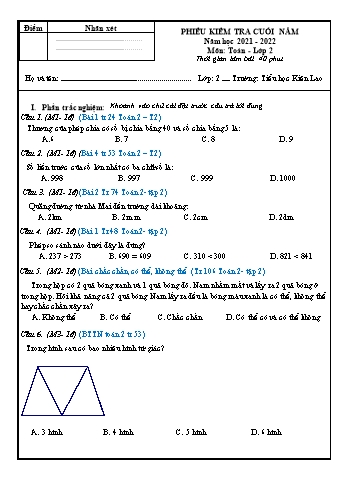Phiếu kiểm tra cuối năm môn Toán Lớp 2 lần 5 - Năm học 2021-2022 - Trường Tiểu học Kiên Lao (Có đáp án)