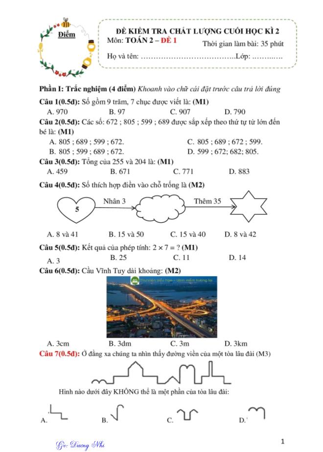 10 Đề kiểm tra chất lượng cuối học kì 2 môn Toán Lớp 2 - Dương Nhi - Đề 1