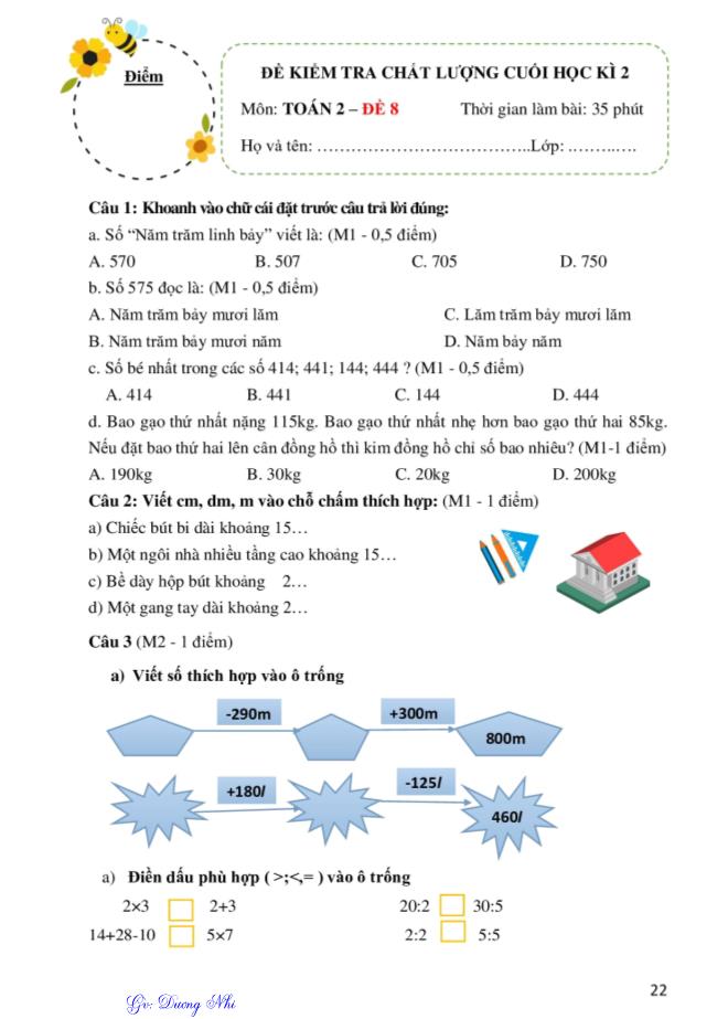 10 Đề kiểm tra chất lượng cuối học kì 2 môn Toán Lớp 2 - Dương Nhi - Đề 8