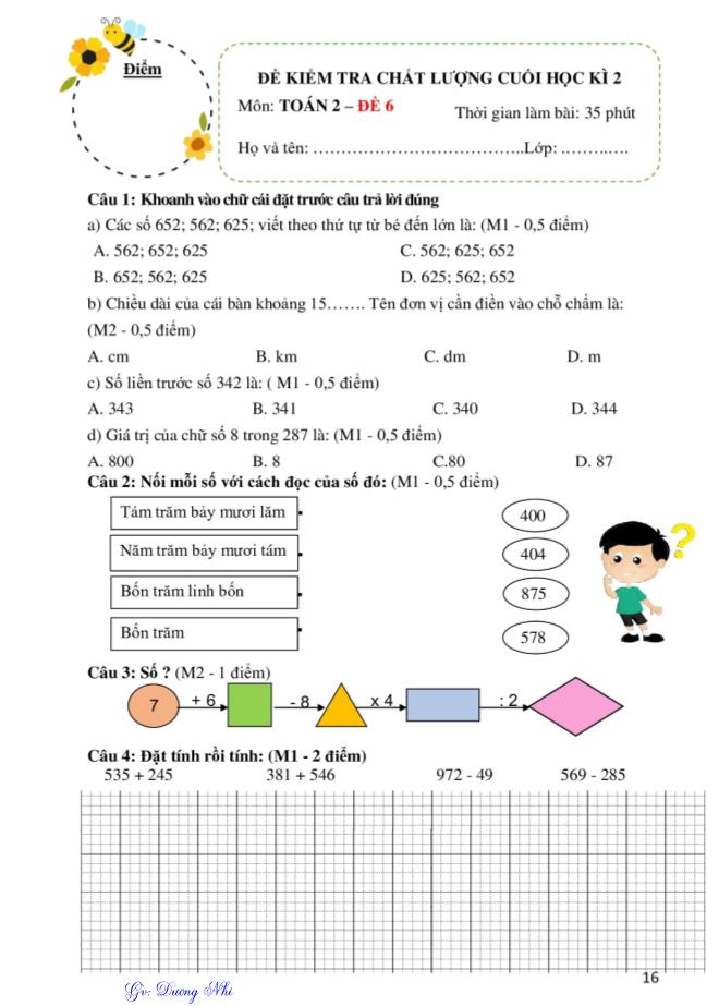 10 Đề kiểm tra chất lượng cuối học kì 2 môn Toán Lớp 2 - Dương Nhi - Đề 6