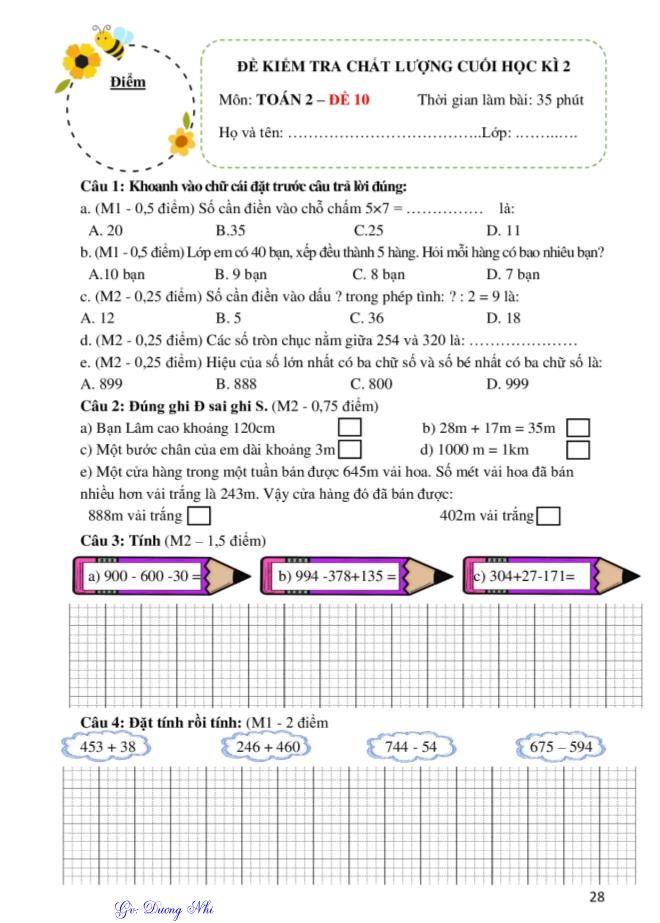 10 Đề kiểm tra chất lượng cuối học kì 2 môn Toán Lớp 2 - Dương Nhi - Đề 10