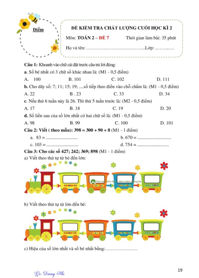 10 Đề kiểm tra chất lượng cuối học kì 2 môn Toán Lớp 2 - Dương Nhi - Đề 7