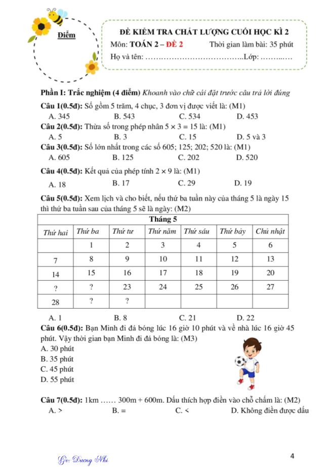 10 Đề kiểm tra chất lượng cuối học kì 2 môn Toán Lớp 2 - Dương Nhi - Đề 2