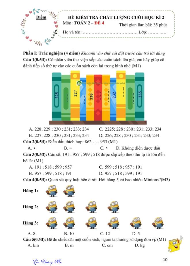 10 Đề kiểm tra chất lượng cuối học kì 2 môn Toán Lớp 2 - Dương Nhi - Đề 4