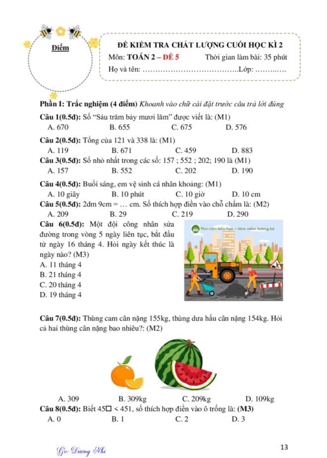 10 Đề kiểm tra chất lượng cuối học kì 2 môn Toán Lớp 2 - Dương Nhi - Đề 5