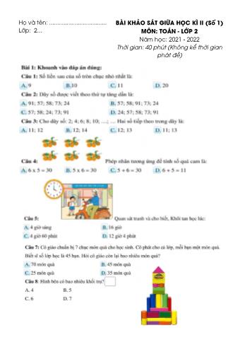 6 Bài khảo sát giữa học kì II môn Toán Lớp 2 - Năm học 2021-2022