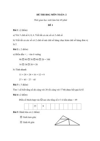 7 Đề thi học sinh giỏi môn Toán Lớp 2