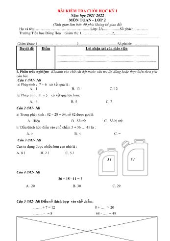 Bài kiểm tra cuối học kỳ I năm học 2021-2022 môn Toán Lớp 2 - Trường Tiểu học Đồng Hòa (Có đáp án)