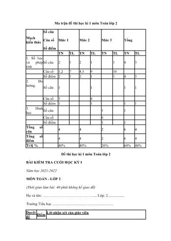 Bài kiểm tra cuối học kỳ I năm học 2021-2022 môn Toán Lớp 2 sách Kết nối tri thức theo thông tư 27 (Có đáp án)