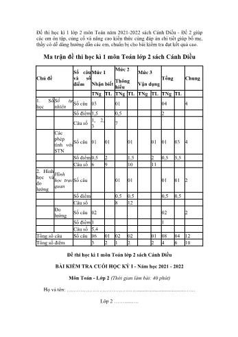 Bài kiểm tra cuối học kỳ I năm học 2021-2022 môn Toán Lớp 2 sách Cánh diều (Có đáp án)