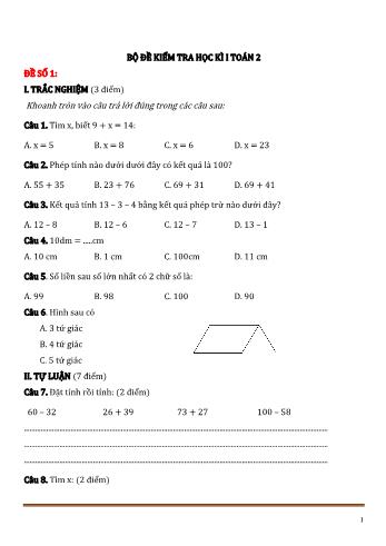 Bộ 20 đề kiểm tra học kì 1 môn Toán Lớp 2 (Kèm đáp án)