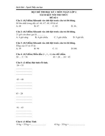 Bộ 5 đề thi học kỳ 1 môn Toán Lớp 2 sách Kết nối tri thức (Có đáp án)