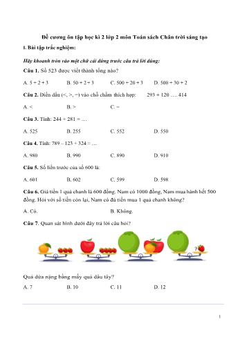 Đề cương ôn tập học kì 2 Lớp 2 môn Toán sách Chân trời sáng tạo