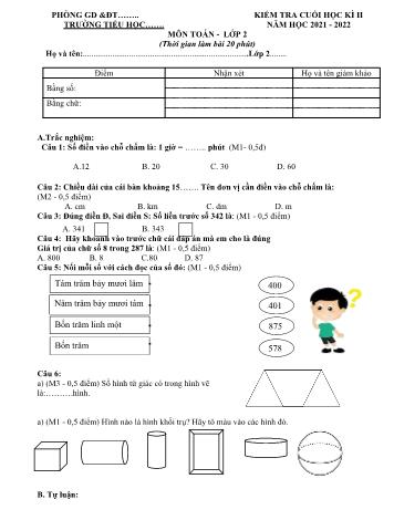 Đề kiểm tra cuối học kì II năm học 2021-2022 môn Toán Lớp 2 sách Cánh diều (Có đáp án)