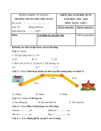 Đề kiểm tra cuối học kỳ II năm học 2021-2022 môn Toán Lớp 2 - Trường TH Nguyễn Viết Xuân (Có đáp án)