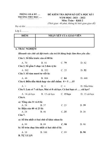 Đề kiểm tra định kì giữa học kì I năm học 2021-2022 môn Toán Khối 2 sách Kết nối tri thức (Có đáp án)