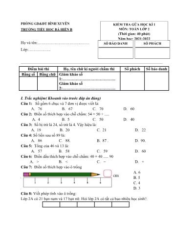 Đề kiểm tra giữa học kì I môn Toán Lớp 2 sách Chân trời sáng tạo - Năm học 2021-2022 - Trường Tiểu học Bá Hiến B (Có đáp án)