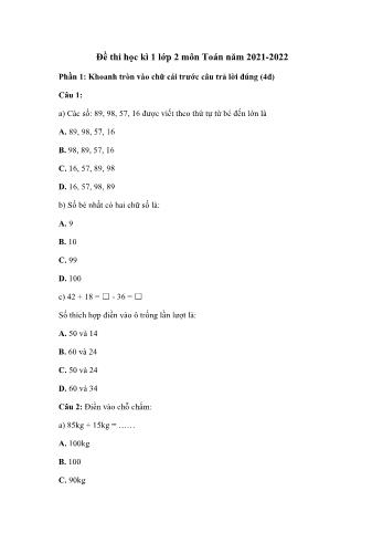 Đề thi học kì 1 lớp 2 môn Toán năm học 2021-2022 sách Cánh diều - Đề 2 (Có đáp án)