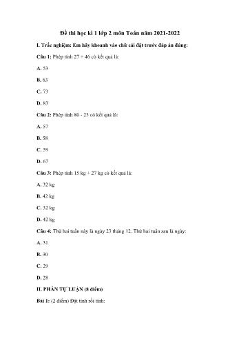 Đề thi học kì 1 lớp 2 môn Toán năm học 2021-2022 sách Cánh diều - Đề 1 (Có đáp án)