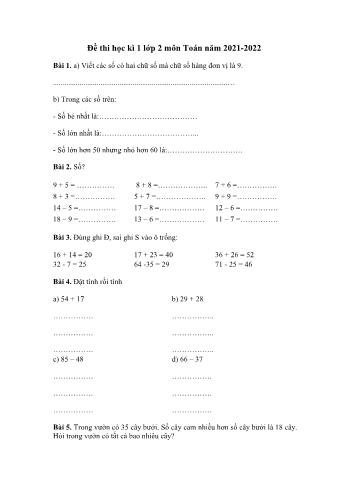 Đề thi học kì 1 Lớp 2 môn Toán năm học 2021-2022 sách Kết nối tri thức (Có đáp án)