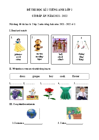 3 Đề thi học kì 2 Tiếng Anh Lớp 2 (Sách Chân trời sáng tạo) - Năm học 2021-2022 (Có đáp án)