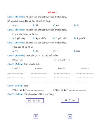 5 Đề thi học kì 1 Toán Lớp 2 Sách Kết nối tri thức với cuộc sống (Có đáp án)