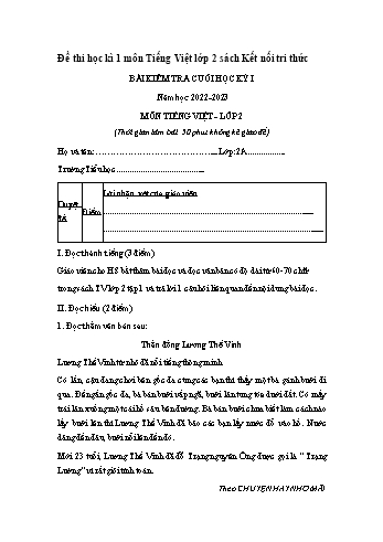 Bài kiểm tra cuối học kì 1 Tiếng Việt Lớp 2 (Sách Kết nối tri thức) - Đề 4 - Năm học 2022-2023 (Có đáp án)