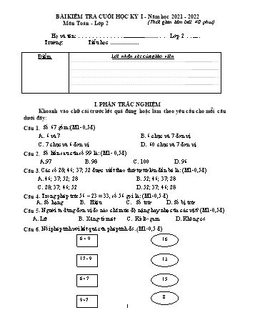 Bài kiểm tra cuối học kì 1 Toán Lớp 2 (Sách Cánh diều) - Năm học 2021-2022 (Có đáp án)