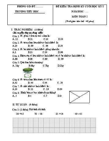 Đề kiểm tra định kì cuối học kì 1 Toán Lớp 2 (Sách Chân trời sáng tạo) - Đề 1 (Có đáp án)